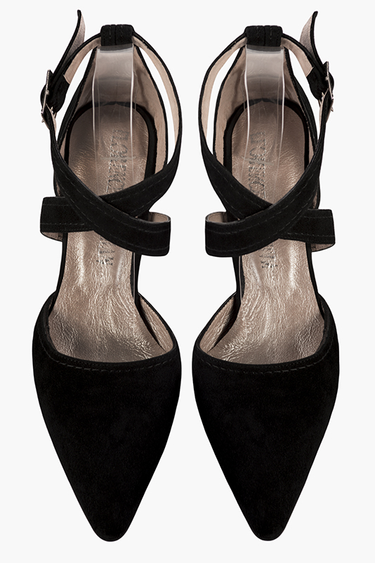 Matt black women's open side shoes, with crossed straps. Tapered toe. High slim heel. Top view - Florence KOOIJMAN